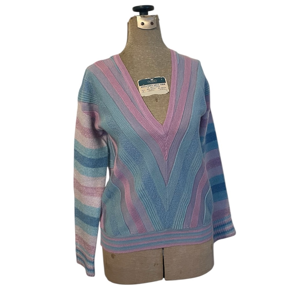 Tularose Kinsley Striped V-Neck Sweater Pink Blue - Picture 14 of 15